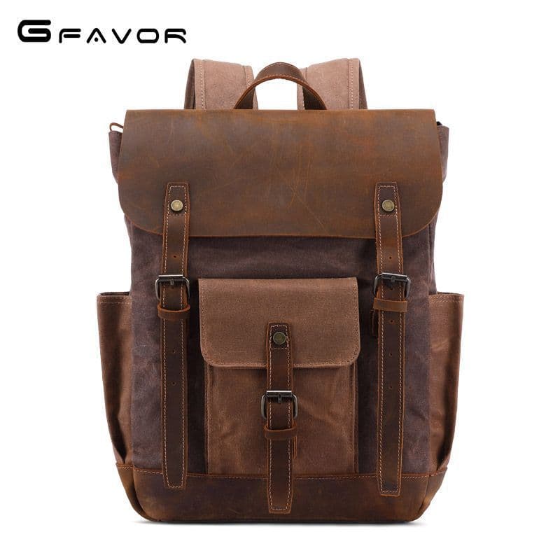 Yuandian Crazy Horse Leather Men's Retro Canvas Backpack Oil Wax Canvas Travel Backpack