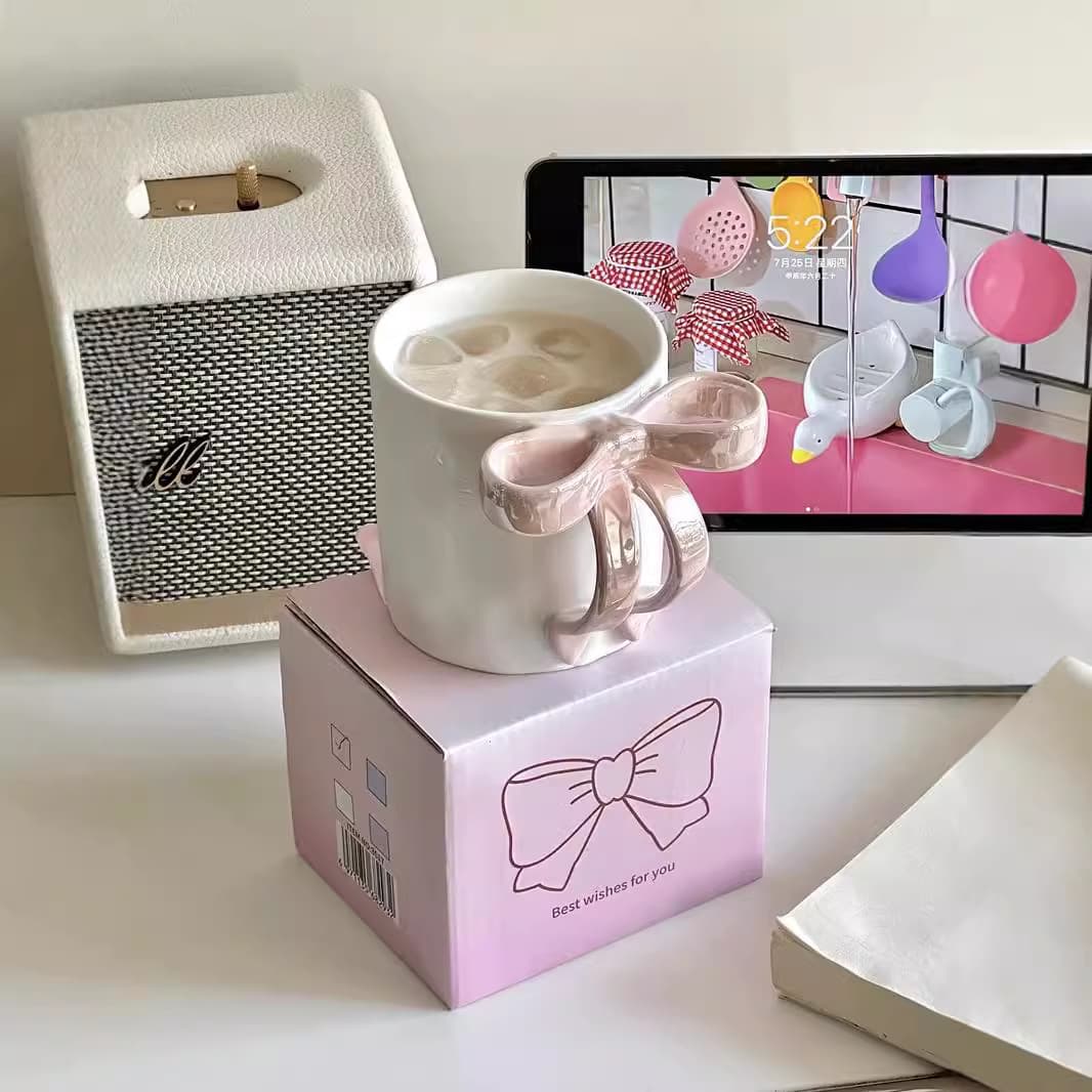 3D Ins Bow Mug, Same as Influencer's, Mark Cup for Women, High-Value Girl's Heart, Electroplated Ceramic Cup