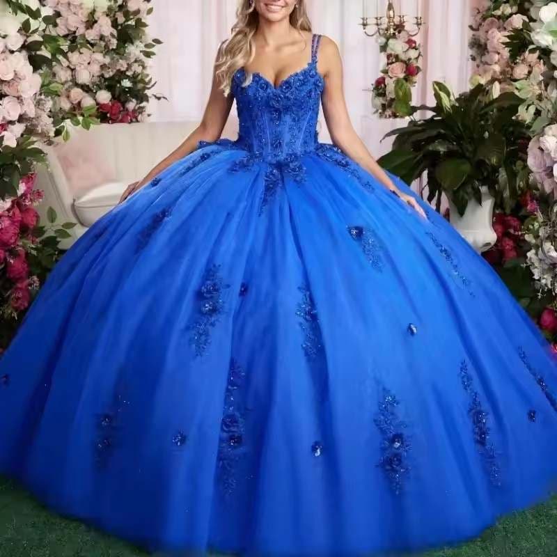 AliExpress European and American Fancy Adult Ceremony Tulle Dress Italian Strap Applique Sleeveless Puffy Ball Gown