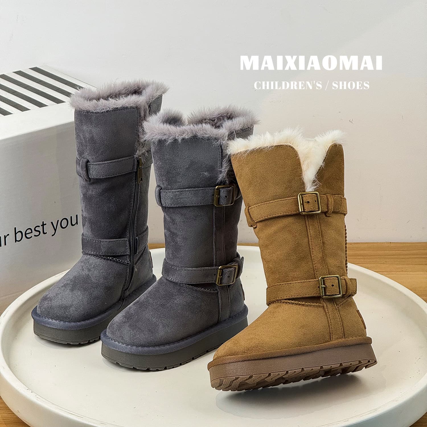 Mai Xiao Mai 2025 Winter New Children Fashion Double Buckle Fleece Lined Thickened Snow Boots Fur Integrated Long Boots