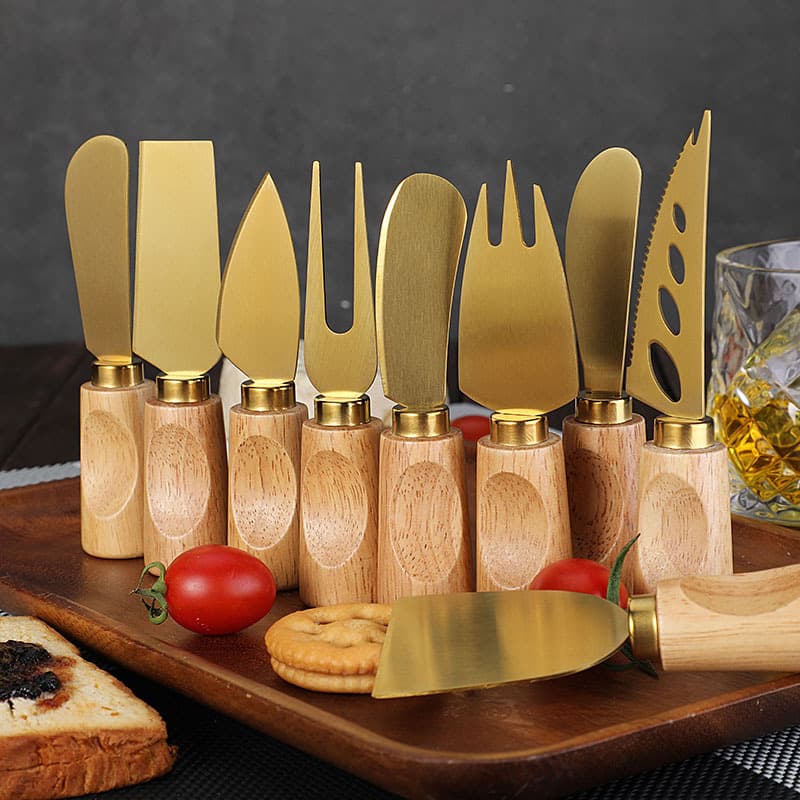 Cross-border rubber wooden handle golden cheese knife stainless steel cheese knife jam butter knife pizza knife western food tableware