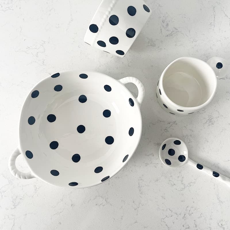 Black and white polka dot Hepburn classic European ceramic storage household double-ear bowl fruit plate noodle bowl soup bowl cup dessert spoon