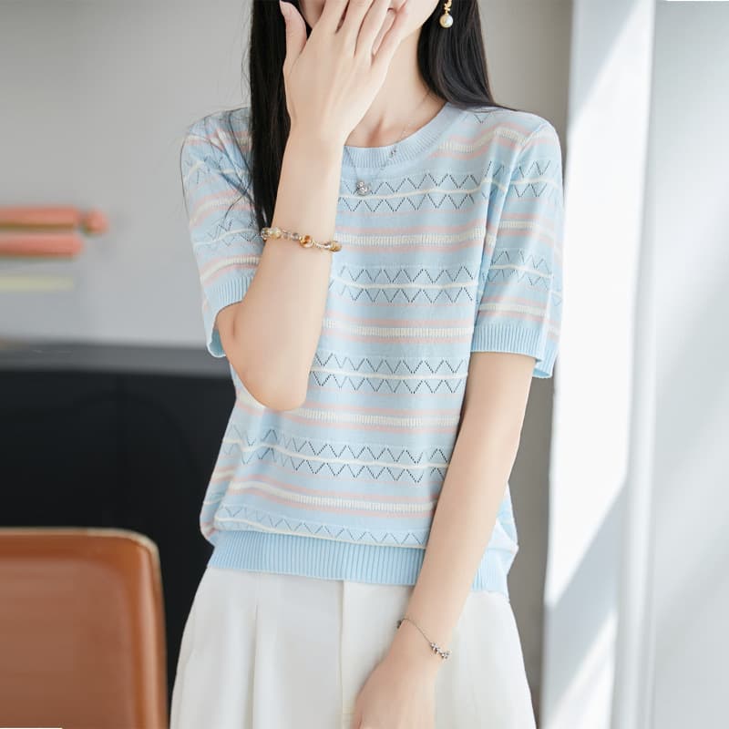 Round Neck Loose Ice Silk T-Shirt for Women Summer New Trendy Elegant Gentle Style Loose Versatile Slimming Short Sleeve Top