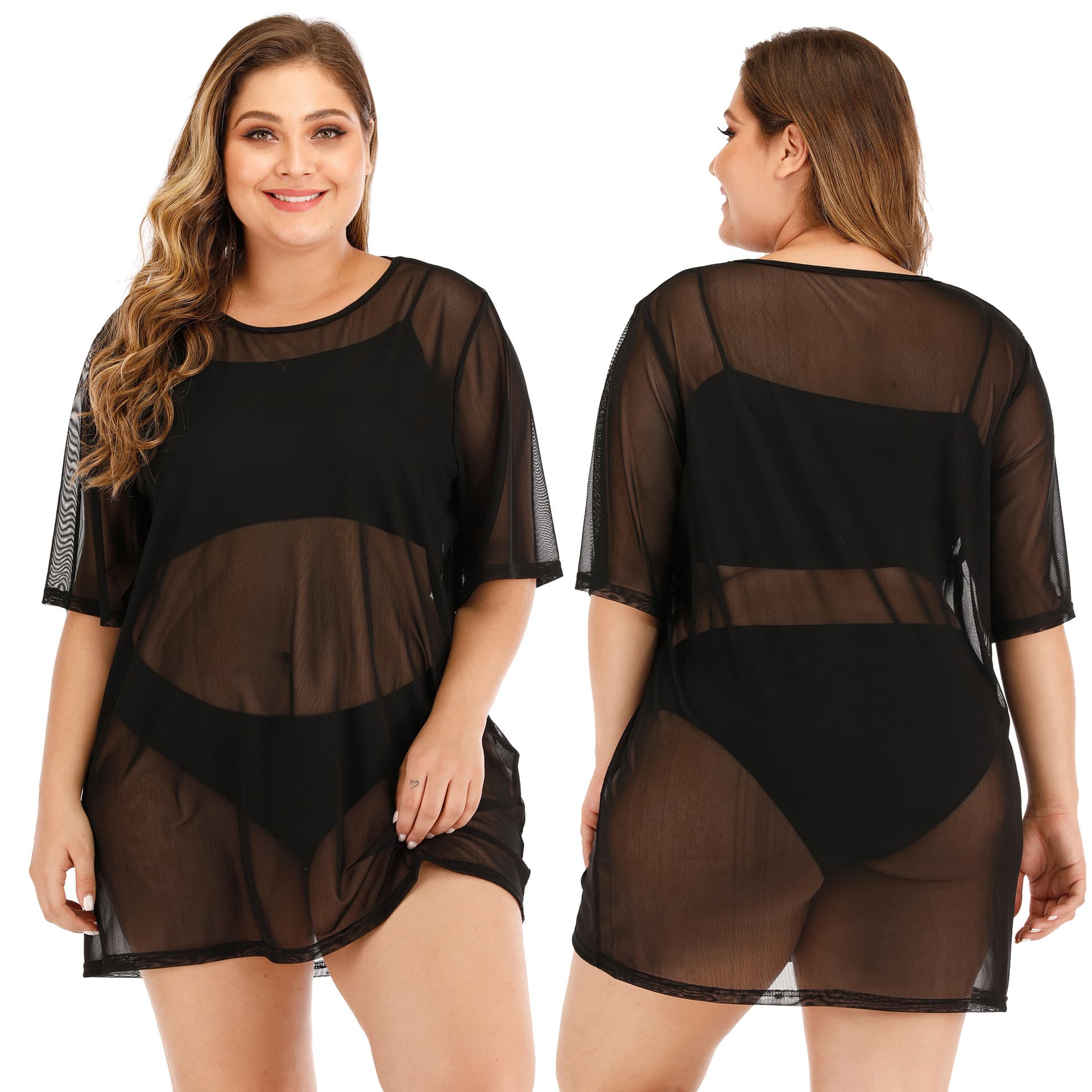 Cross-border European and American Plus Size Women's Sexy Sheer Mesh Beach Dress Bikini Cover-up F1420