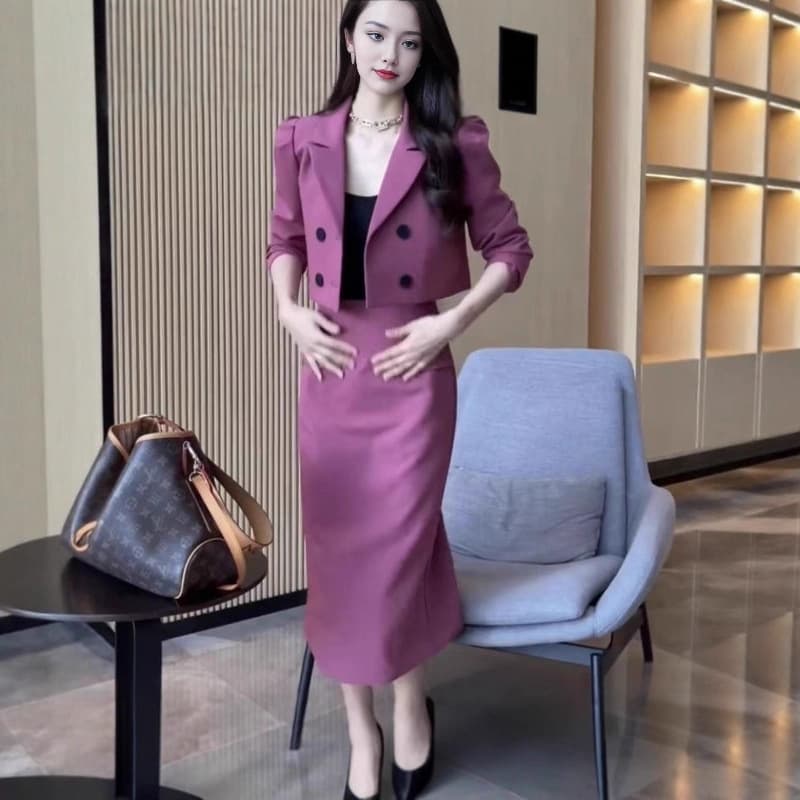 European and American Export Exclusive Korean-style Autumn Double-Breasted Top Set for Women High-Waist Slim Fit Pencil Skirt Two-Piece Set
