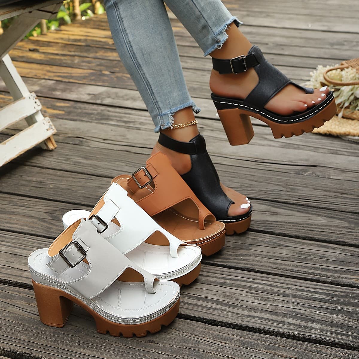 Women's Chunky Heel Platform Peep Toe Sandals New Cross-Border Plus Size 2026 Beach Shoes European and American Style Summer High Heel