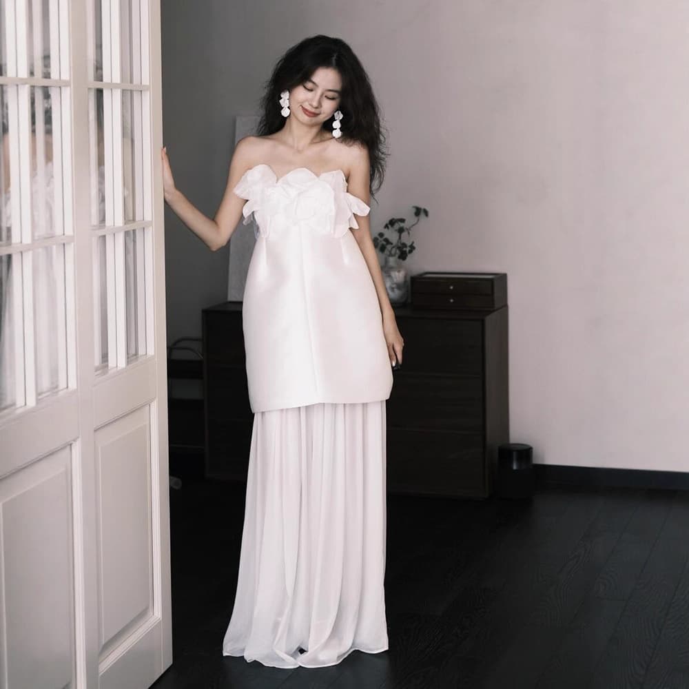 Bridal High-End Niche French Light Wedding Dress White Strapless Engagement Certificate Evening Gown Elegant Outfit