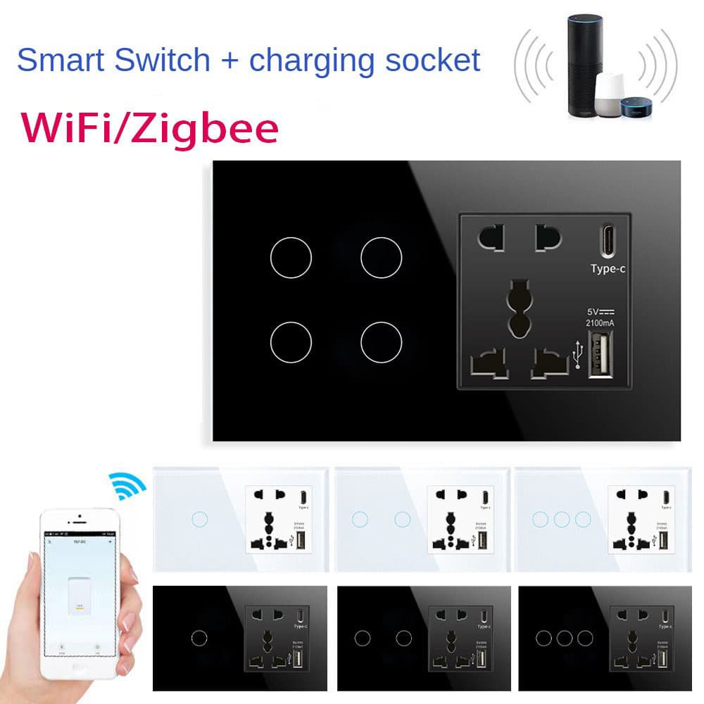WiFi smart switch panel with five-hole socket and dual USB smart switch wall touch switch