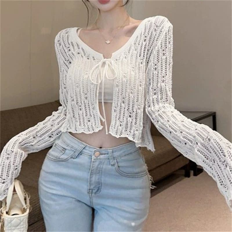 Women's short cardigan shawl top blouse 2025 summer new style hollow lace long-sleeved sun protection thin knitted sweater