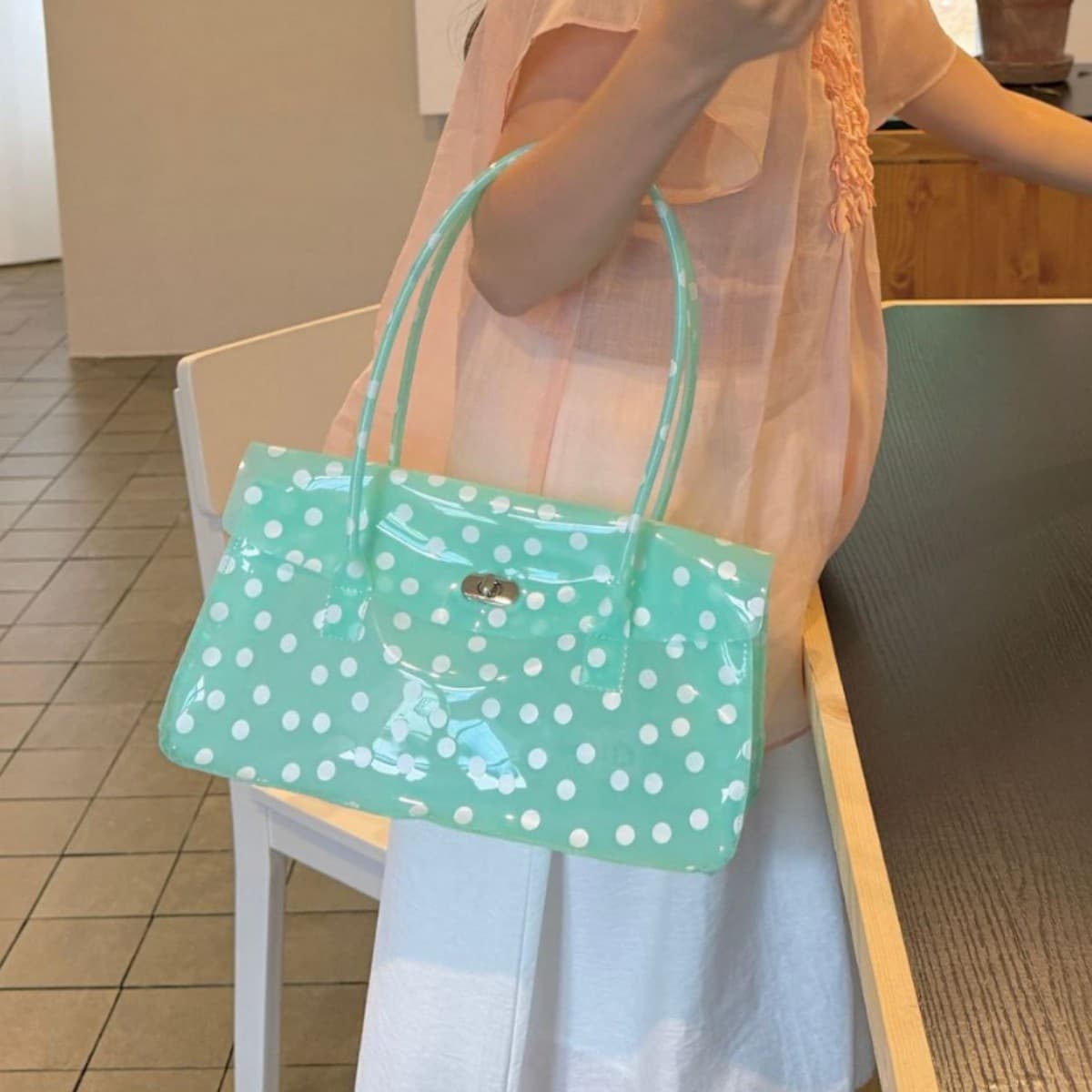 Trendy Polka Dot Jelly Bag Kelly Bag 2026 Summer Large Capacity Platinum kiiikiii Same Style Single Shoulder Baguette Bag