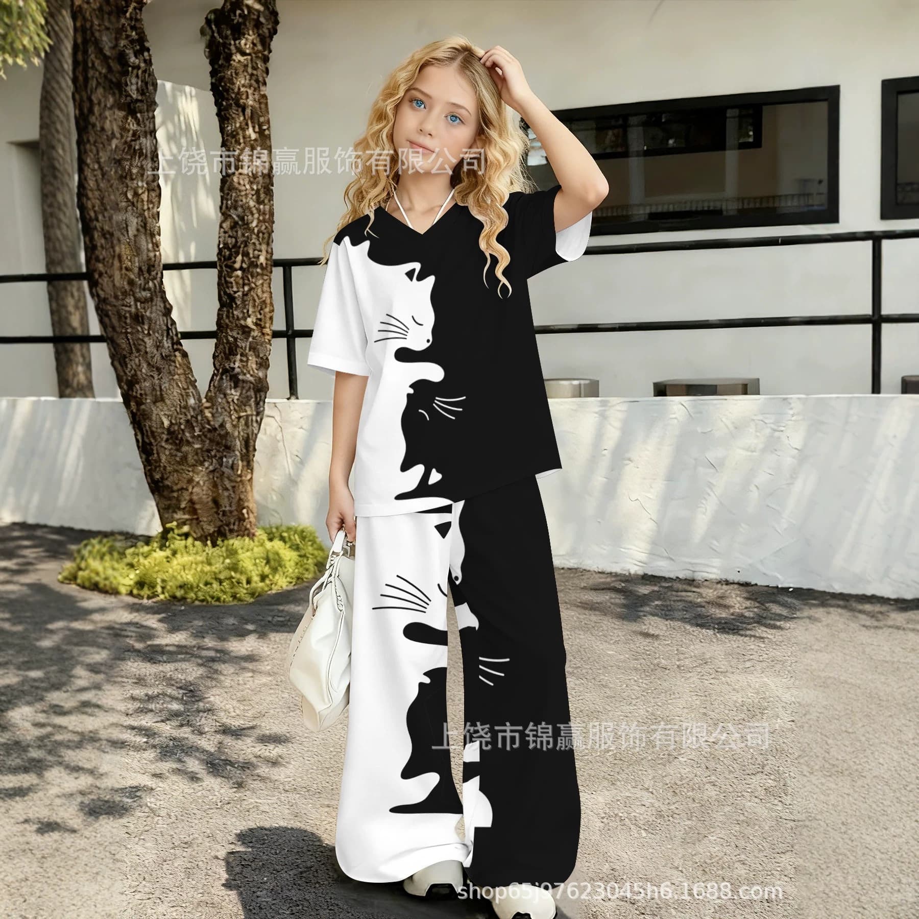 New Cross-Border Girls Two-Piece Set Black White Contrast Short Sleeve Loose Wide-Leg Long Pants Set