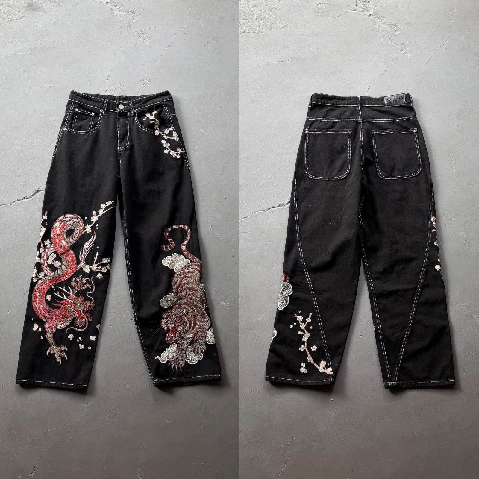High quality Derschutze American street heavy industry embroidery dragon and tiger black straight jeans men's trendy pants