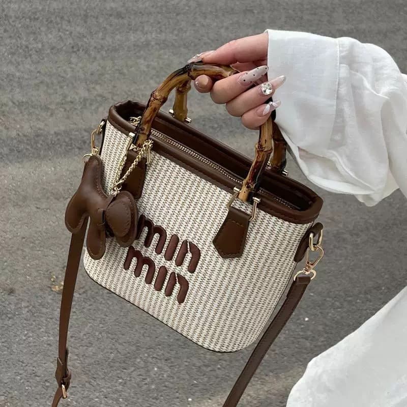 Women's Bucket Bag 2025 New Summer Letter Straw Woven Bamboo Handle Handbag Shoulder Crossbody Bag Fashionable