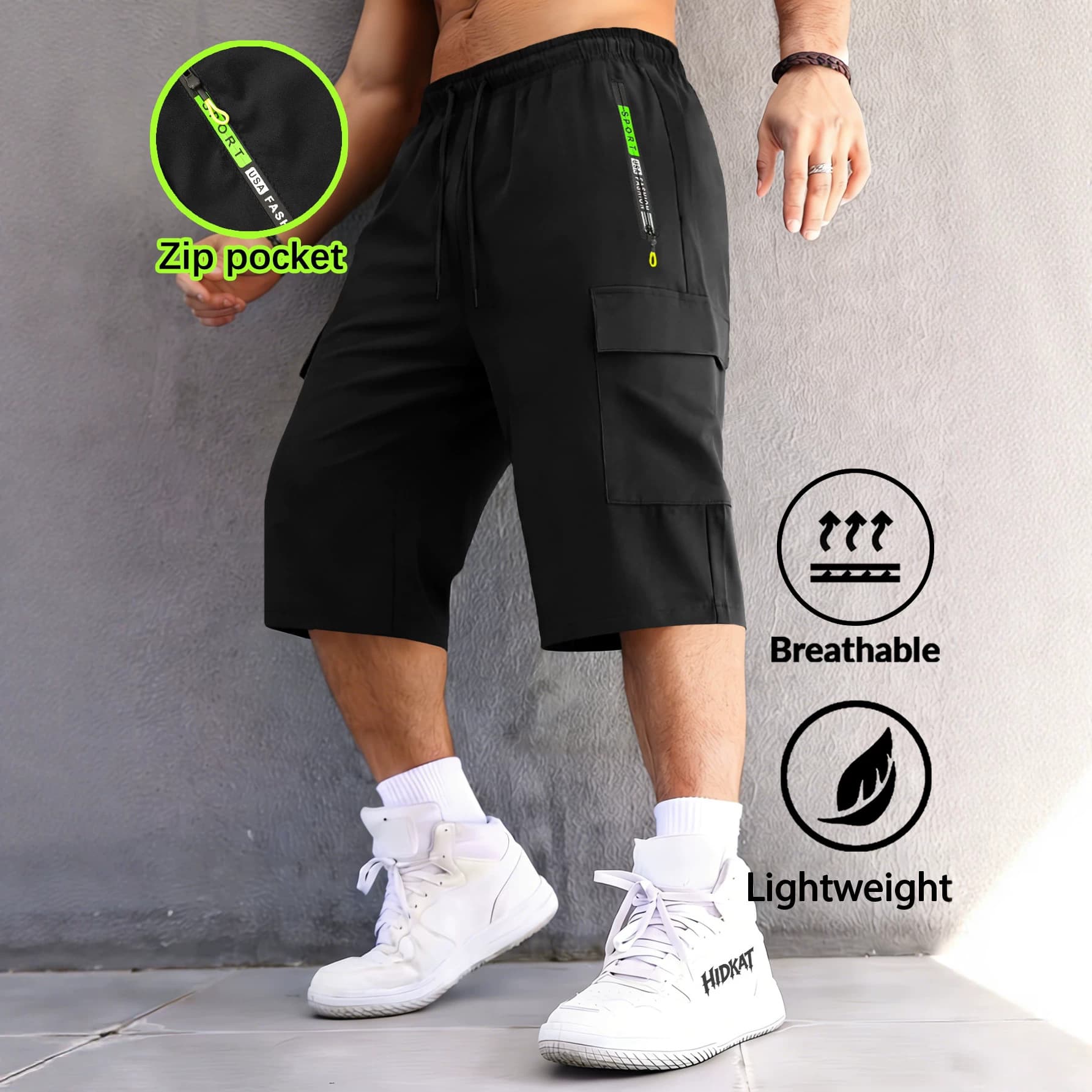 Cross-border European size men's summer new solid color thin breathable workwear cropped pants with multi-pocket letter zipper pockets