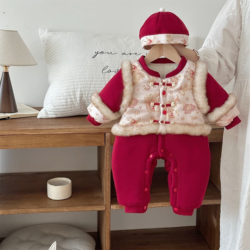 Baby winter velvet thickened male and female baby's festive 100th birthday dress newborn super cute koi onesie