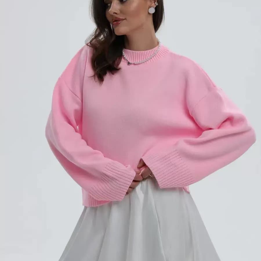 European and American Style Knit Sweater Winter New Round Neck Short Loose Pullover Solid Color Long Sleeve Versatile Knit Top for Women