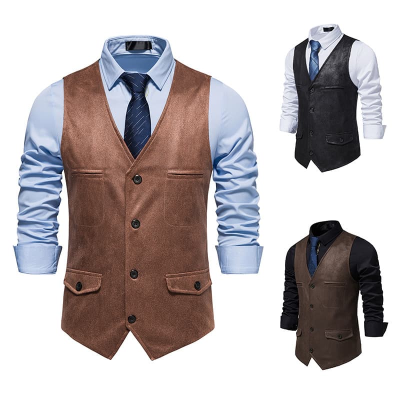 2025 Spring Foreign Trade Men's Trendy European American V-Neck Suede Single-Breasted Jacket Vest Waistcoat M74