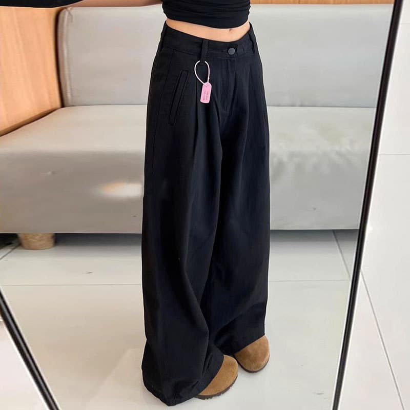 New Black Plus Size Loose Jeans for Women with Wrinkle Texture Design, Floor-Length Wide-Leg Straight Pants