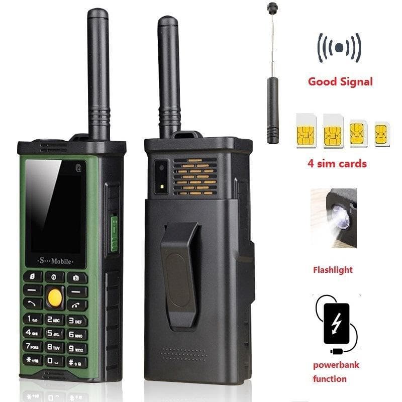Cross-border e-commerce mobile phone with four SIM cards, four standby modes, long extendable antenna, strong outdoor signal, and foreign language features.