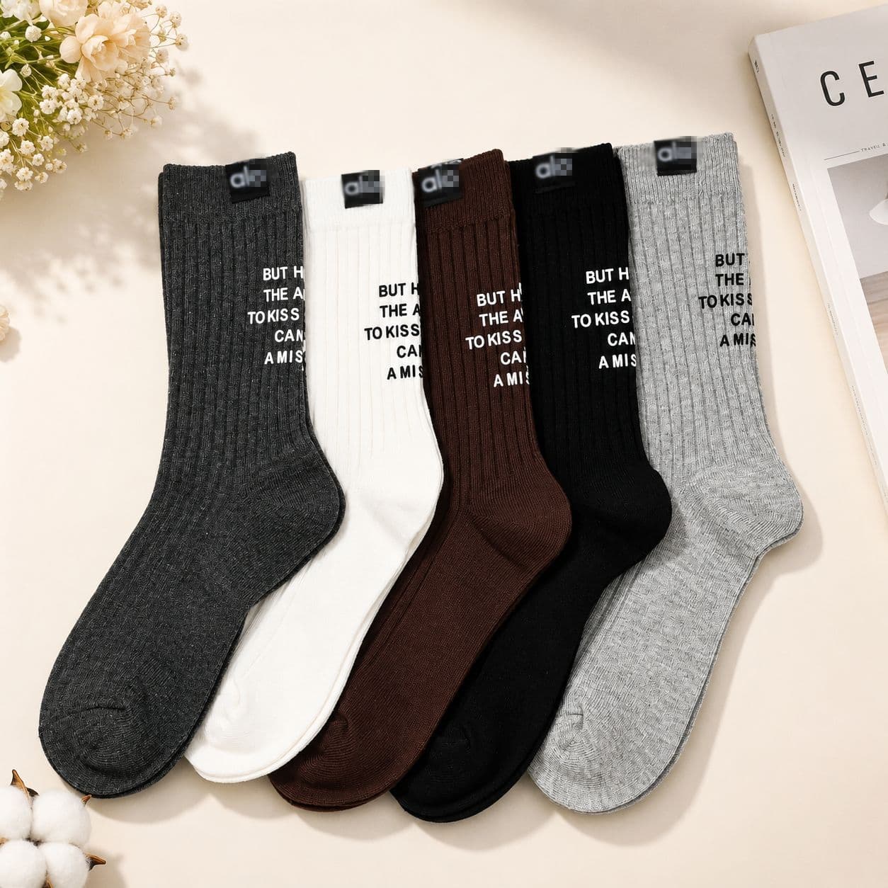 Aloay Socks Combed Cotton Mid-Calf Socks Autumn Student Ins Fashion Cotton Socks with Label Lettering Sports Hip Hop Women's Socks