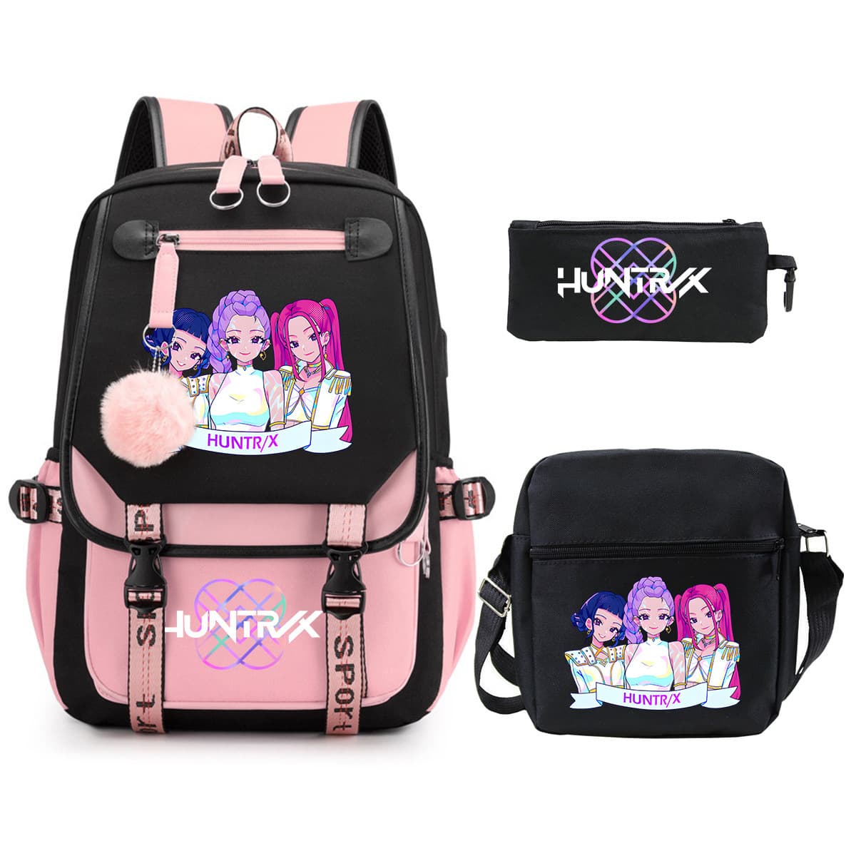 Trendy New Style Fresh Campus Style Kpop Hunting Girl Group Student Backpack Three-Piece Set with Pencil Case and Crossbody Bag Set