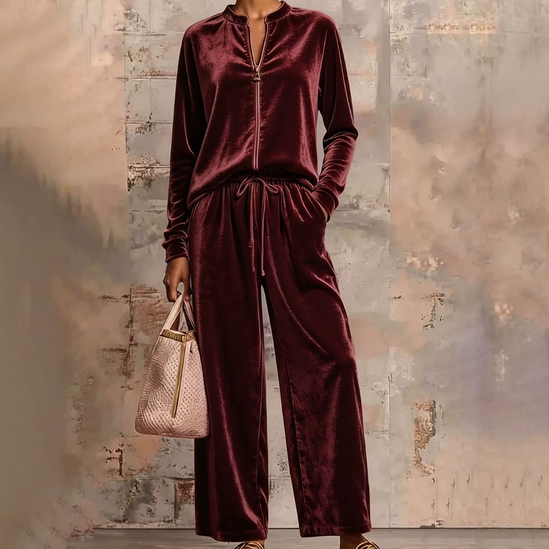 2026 European and American clothing Amazon independent site gold velvet sweatshirt jacket wide-leg pants women's drapey high-waist suit