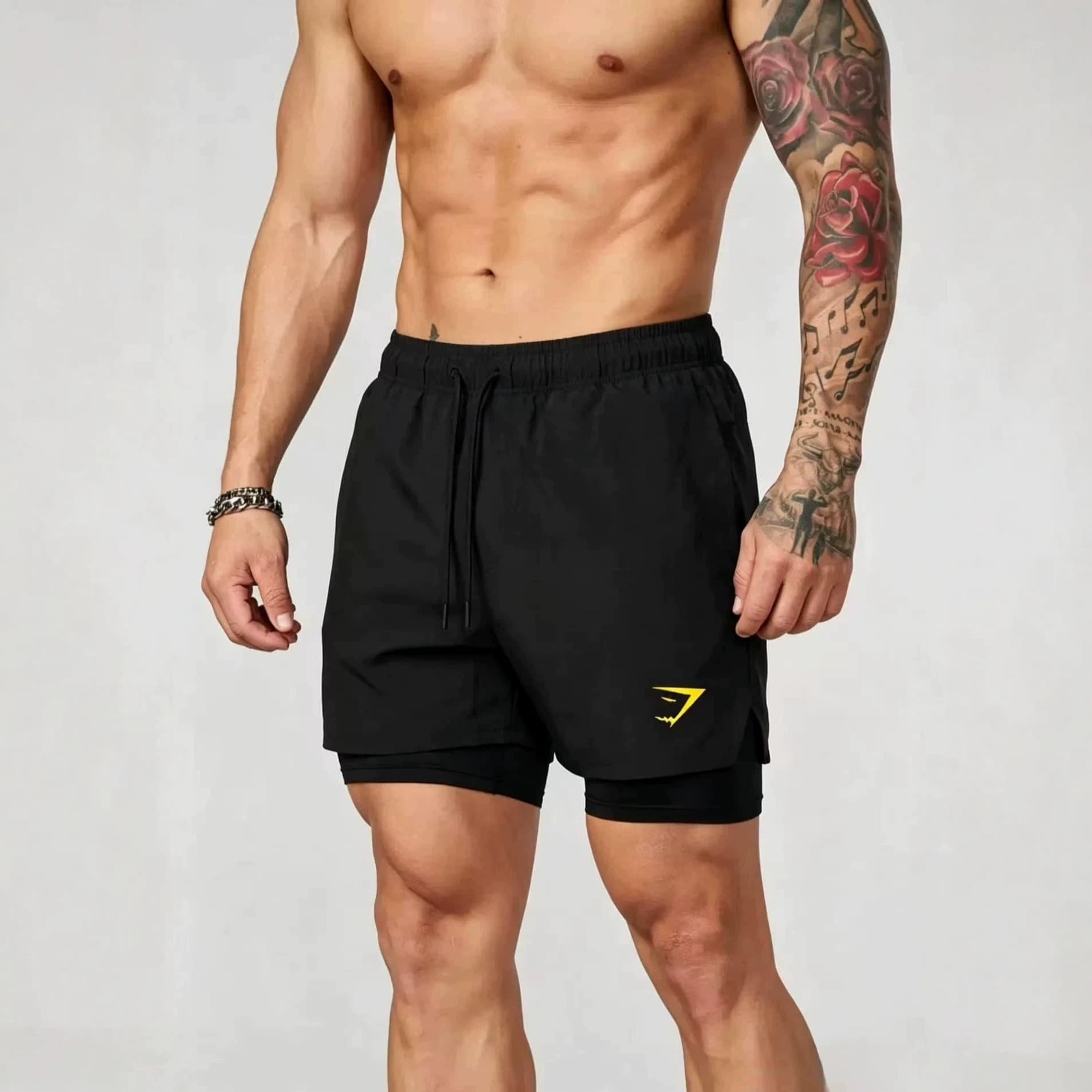 Shark Men's Shorts 2-in-1 Double Layer Shorts Muscle Sports Training Fitness Casual Loose Printed Shorts