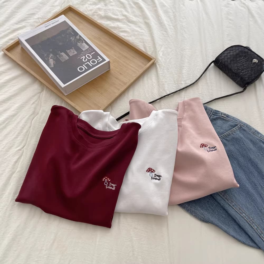 Soft Cotton Brushed White Long-Sleeve T-Shirt Women Autumn Winter Simple Embroidered Stylish Loose Base Layer Top 6719