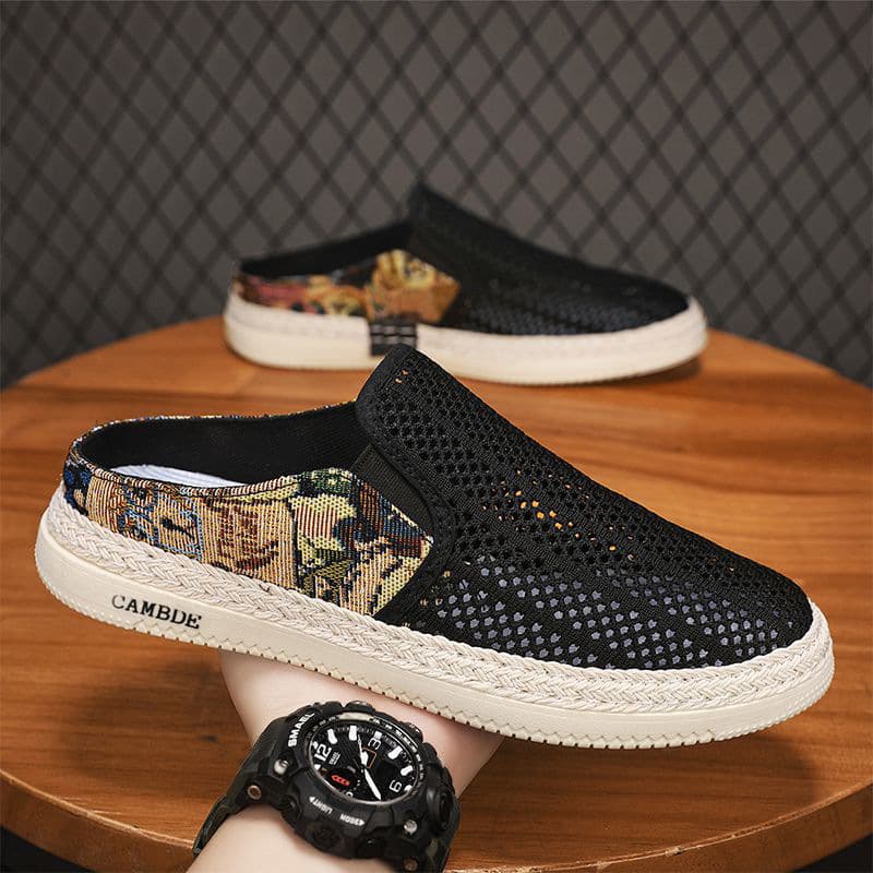 Men's Half Slippers Summer Outdoor Mesh Hollow Lazy One-Strap Beach Backless Cloth Slippers Hollow Mesh