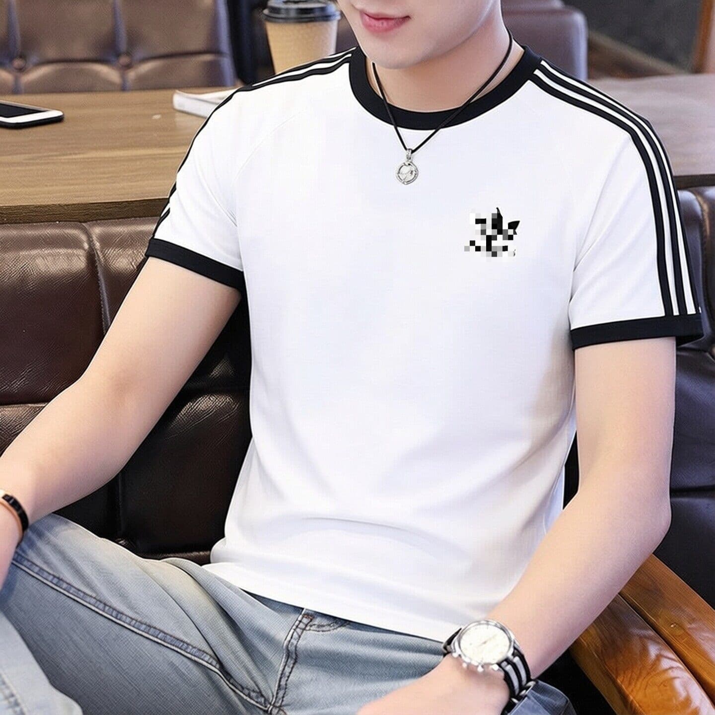 Adidas-style Trefoil Short Sleeve T-Shirt for Men, New White Casual Round Neck Tee, Black Cotton