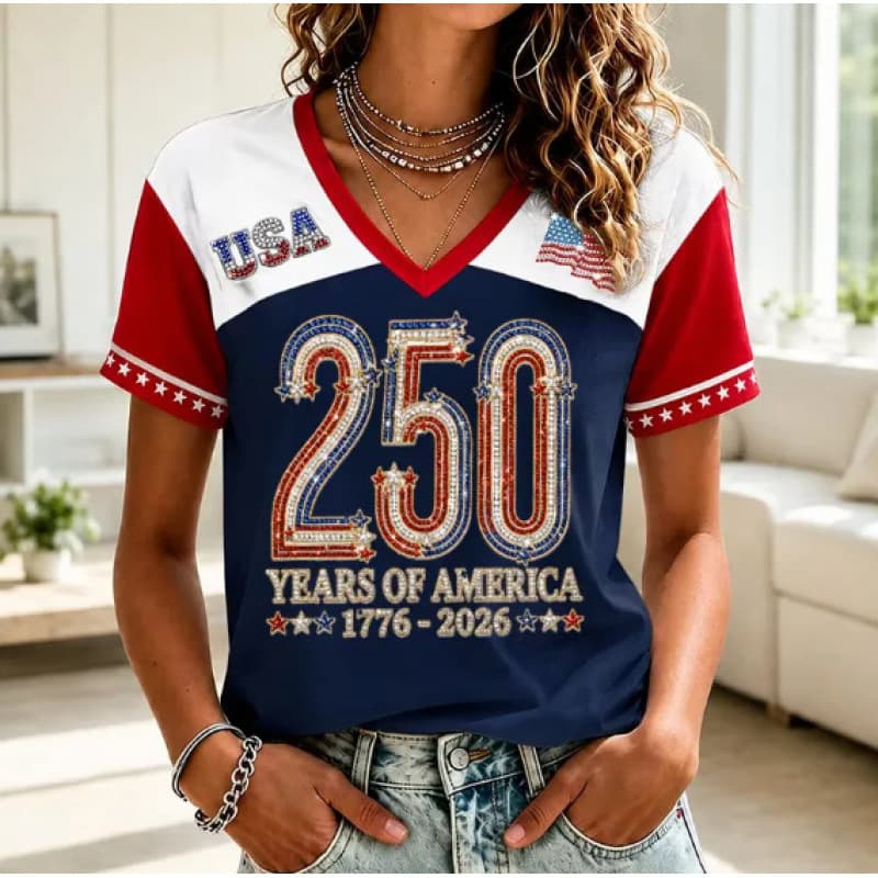 250th Anniversary T-Shirt Women's Casual V-Neck Short Sleeve T-Shirt 3D Digital Print Women's Clothing
