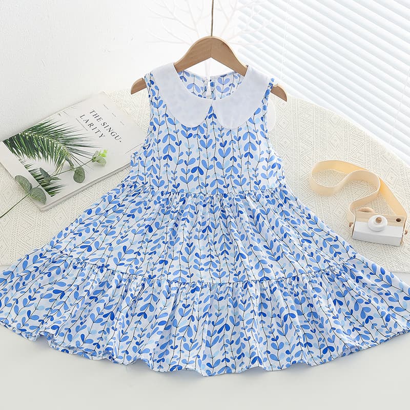 Girls' Cotton Silk Dress Summer New Children's Rayon Dress Medium and Large Child Doll Collar Princess Dress