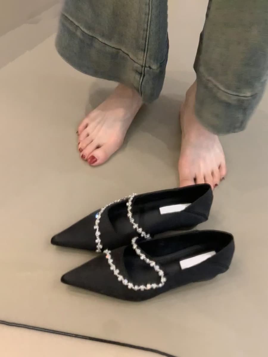 Sheepskin Edition ~ Pointed Toe French Rhinestone Gentle Style Chunky Heel Mary Jane Shoes, Satin Elegant Shallow Cut Evening Single Shoes for Women