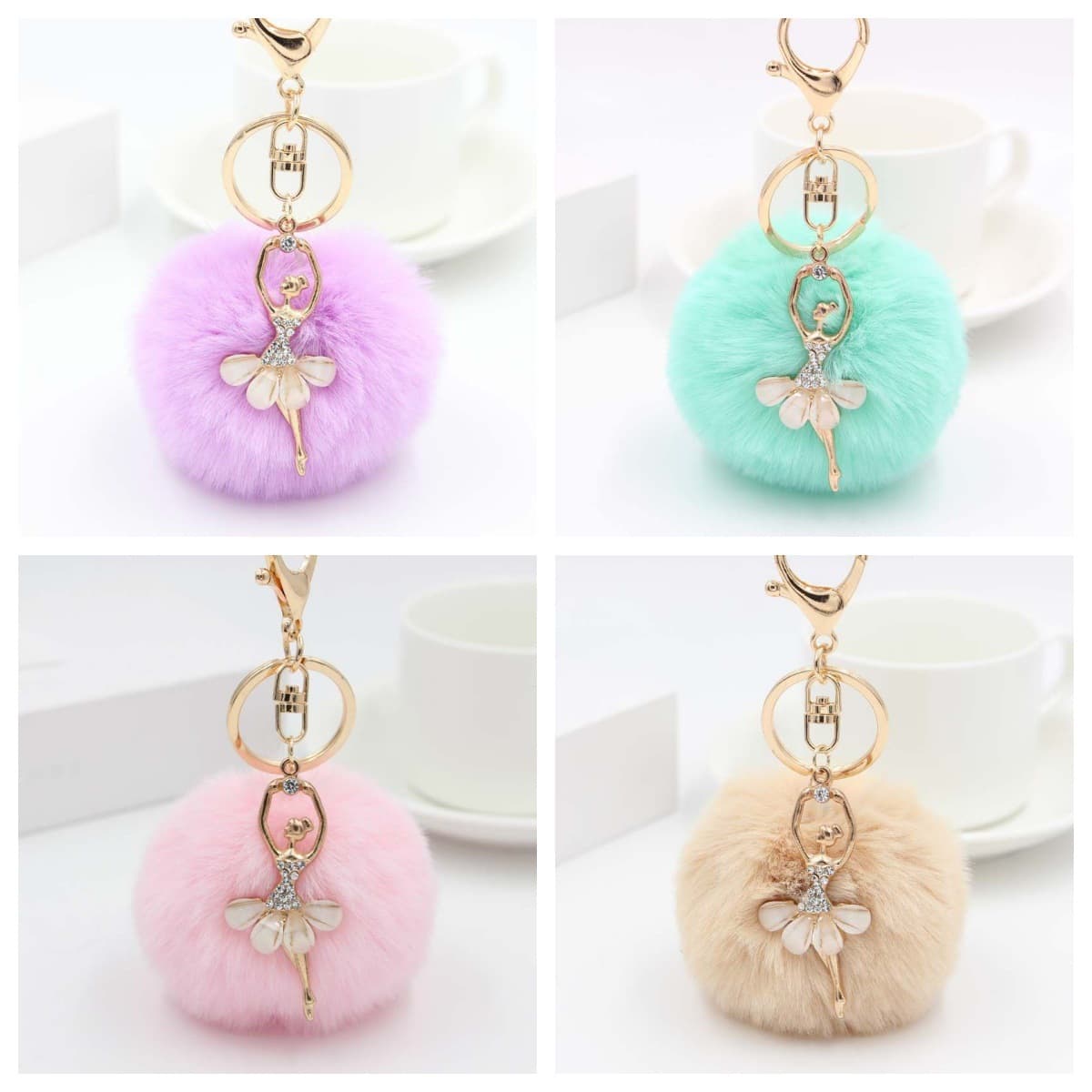 Creative Ballet Alloy Angel Pom Pom Keychain Cartoon Unicorn Ice Cream Plush Bag Charm