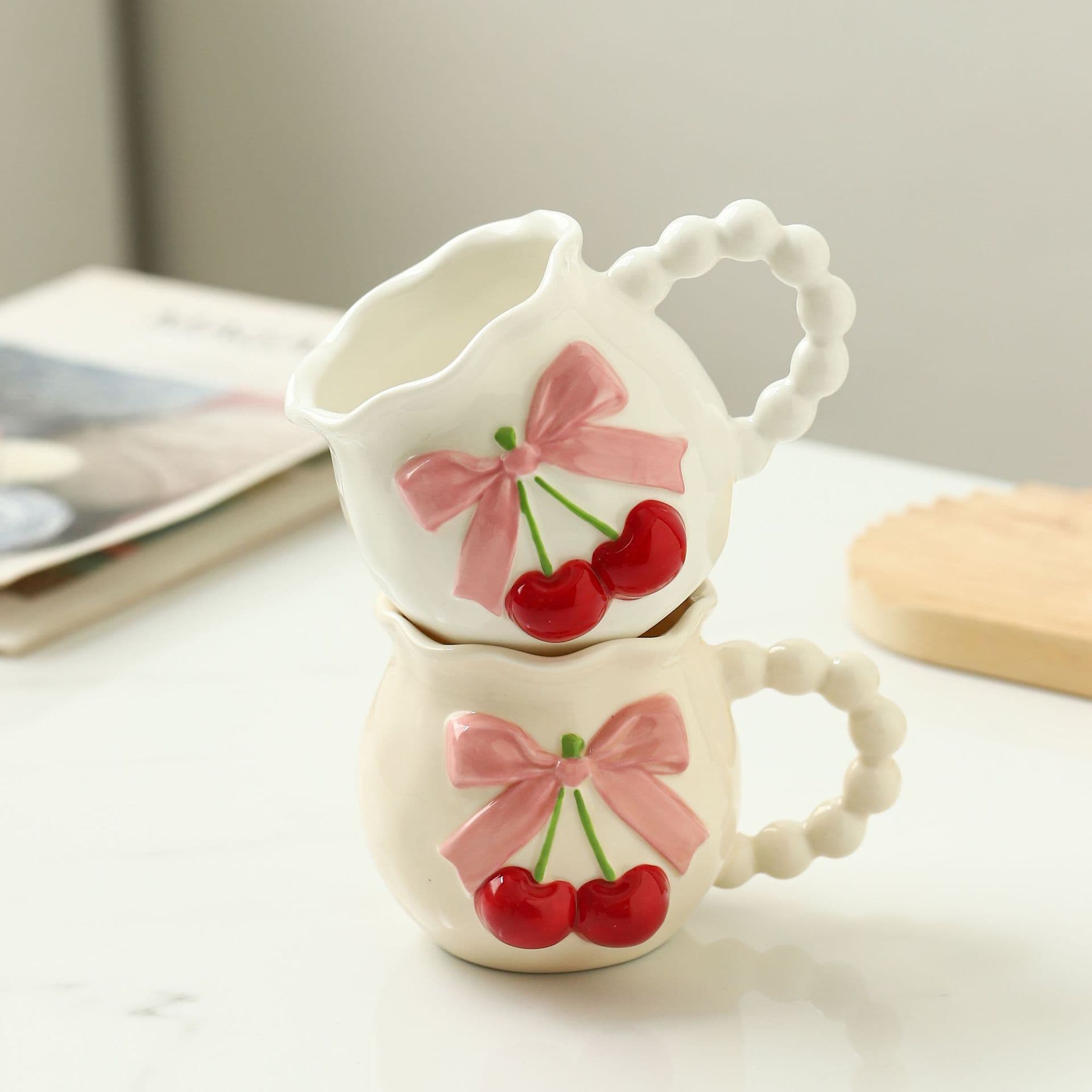 Cherry ceramic mug with spoon office coffee cup underglaze color souvenir white porcelain business gift gift box