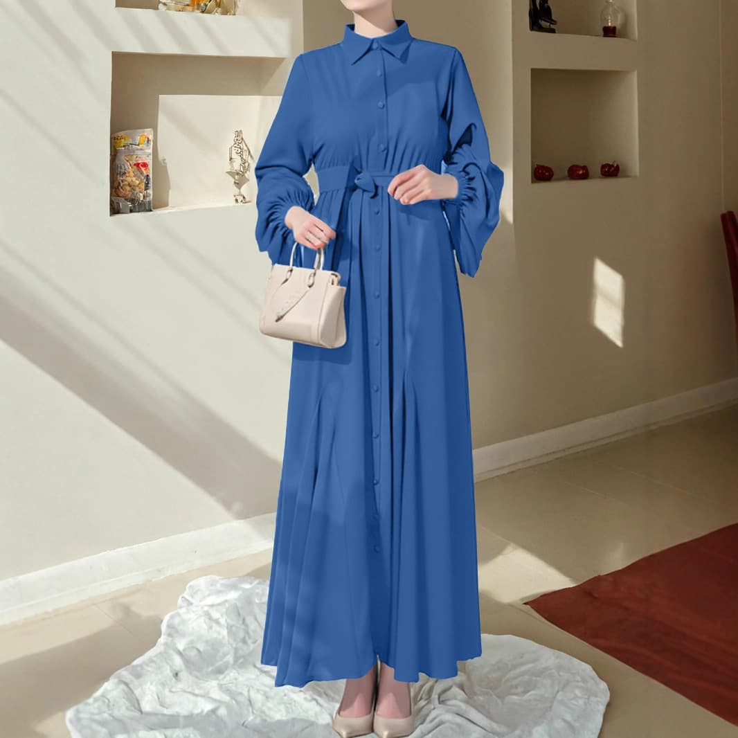 International Best Seller Modern Traditional Blend Notch Lapel Single-Breasted Tie Lantern Sleeve Abaya Long Dress