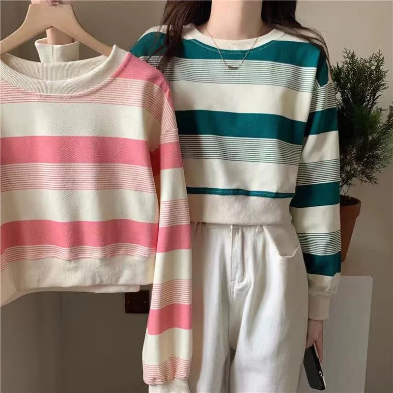 Women's American-style Short Striped Round-neck Sweatshirt, 2025 Autumn New Loose Thin Long-sleeve Top Trendy