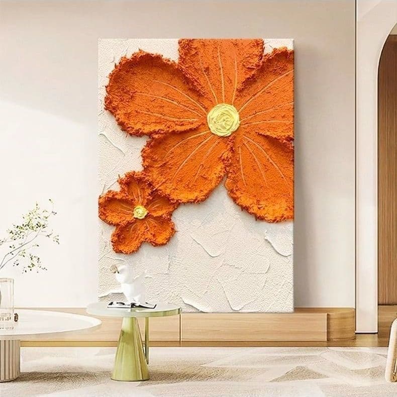 Orange Floral Living Room Decorative Art, Minimalist Style Entryway Sofa Background Wall Cream Style Wall Painting, Factory Direct