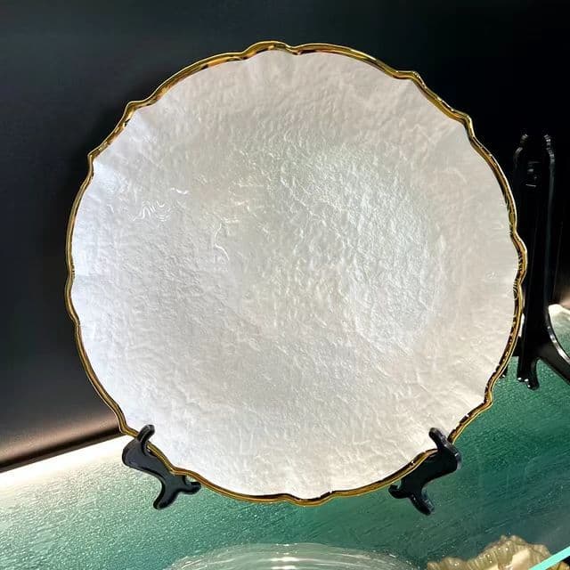 Modern Minimalist Glass Plate Irregular Scalloped Gold/Silver Rim Steak Plate Hotel Party Decorative Display