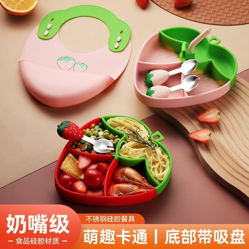Cross-border Silicone Dinner Plate Set with 304 Stainless Steel Feeding Fork and Spoon, Suction Cup Divided Strawberry Tableware and Bib