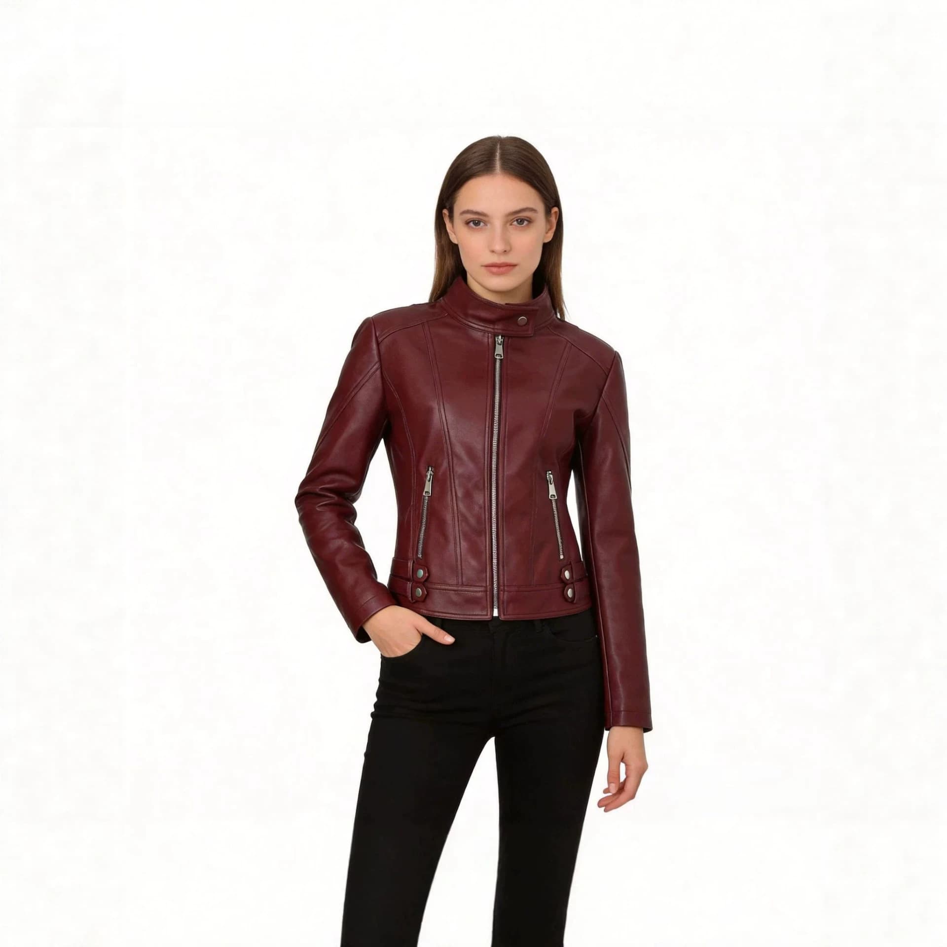 Cross-border hot selling women's PU motorcycle leather coat foreign trade slim stand collar coat multi-zip Women's coat