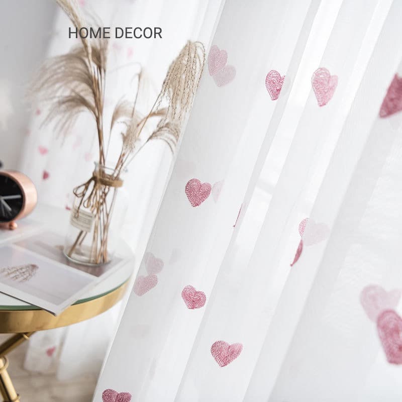 Beautiful heart gauze princess style bedroom children's room window screen pink light luxury Korean style balcony pure white gauze bay window curtain