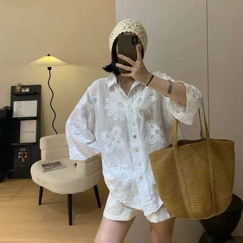 White Crochet Embroidered Shirt for Women, Loose Casual Turn-Down Collar Three-Quarter Sleeve Cotton Top, Vintage Short Style