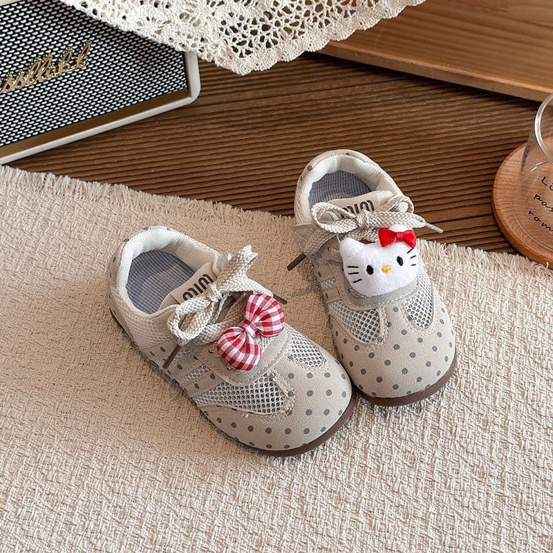 Cute Kitty Girls Casual Shoes Korean Style Polka Dot Mesh Panel Sneakers Spring Style German Training Shoes with Velcro