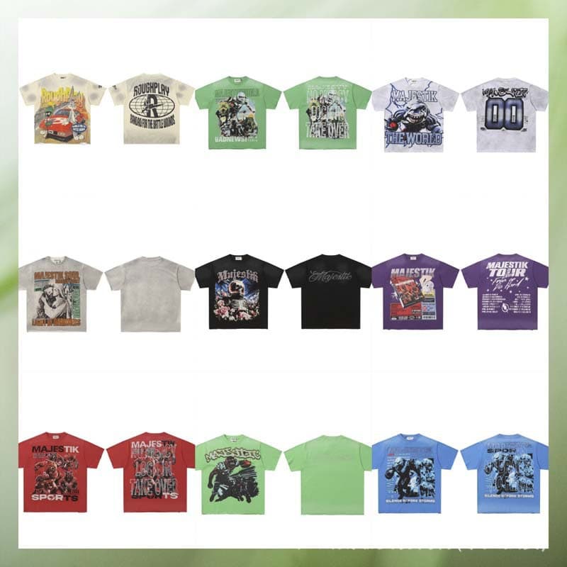 Cross-Border American Fashion Men's Vintage Tops High Street Dark Rock Style Majestik Retro Printed Washed Short-Sleeve T-Shirt