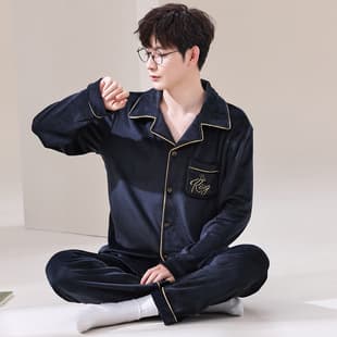 Coral Fleece Pajamas Men Autumn Winter Warm Large Size Sea Island Velvet Set Spring Autumn Men's Loungewear Turn-Down Collar