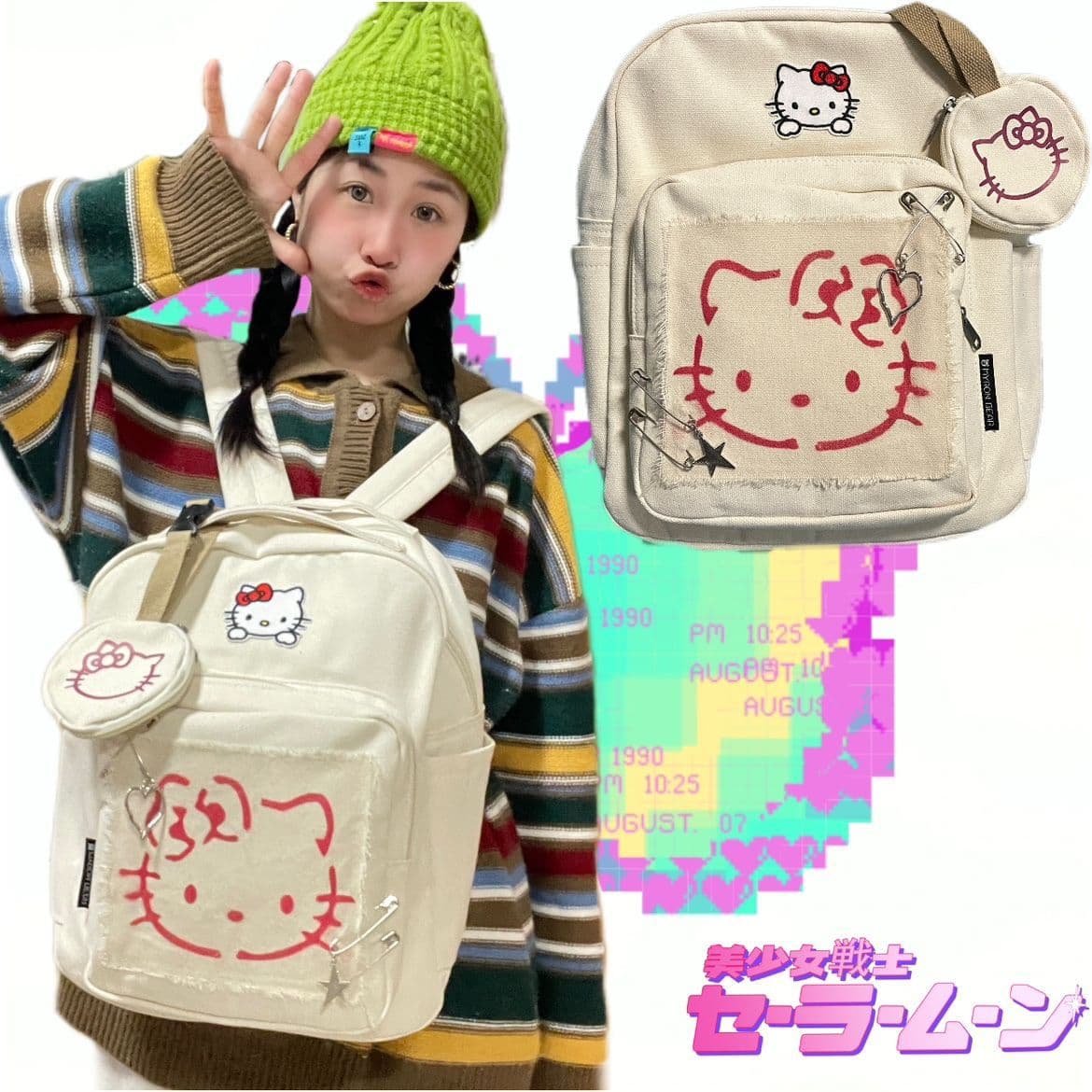 Kuro Sakura-chan Millennial Retro Sweet Girl Knocks Cute Cat Patch Casual College Style Backpack Large Capacity School Bag
