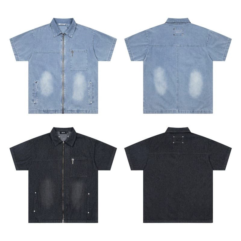 trapstar beauty trend new retro washed denim shirt loose simple versatile zipper casual short-sleeved shirt