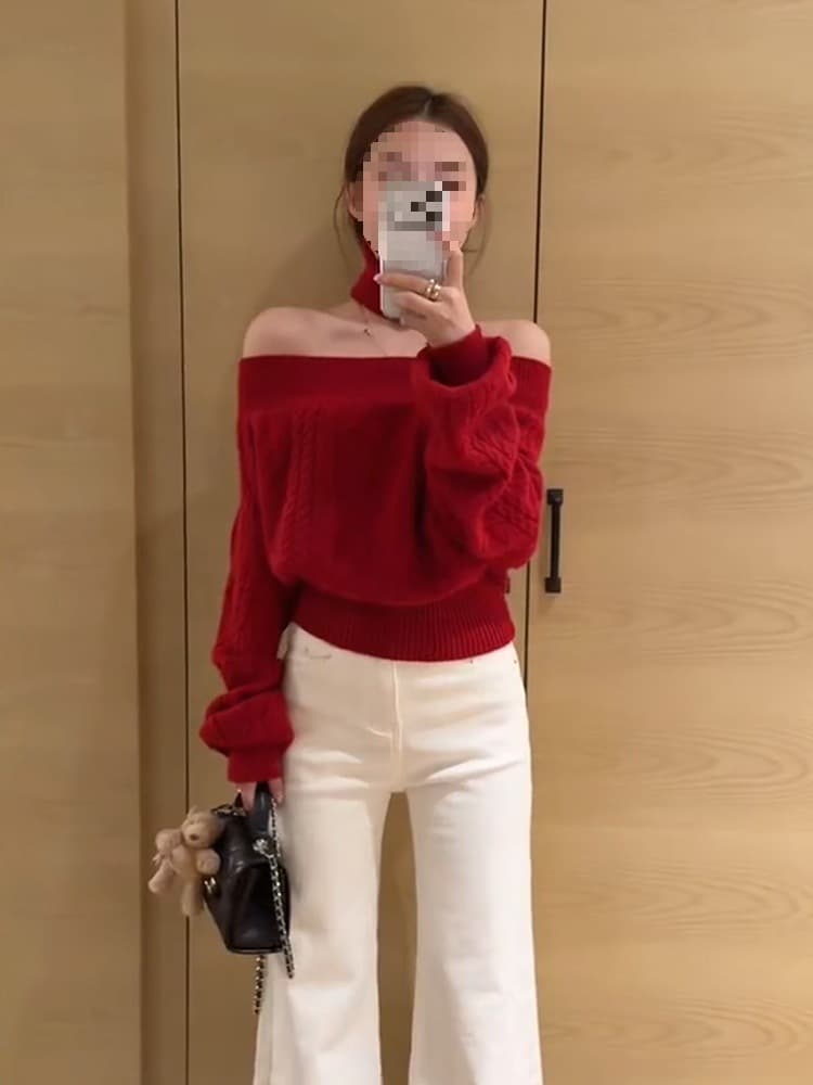 Actual Price [Original Quality Three-Ply Cashmere] Red Christmas Off-Shoulder Sweater Women's Autumn Winter Knit Top