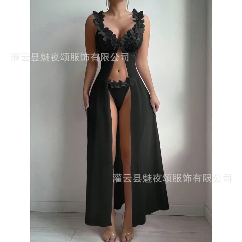 Cross-border European and American Lingerie Long Dress Women's Sexy Nightgown Slit Sheer Floral Lace Tempting Slip Dress
